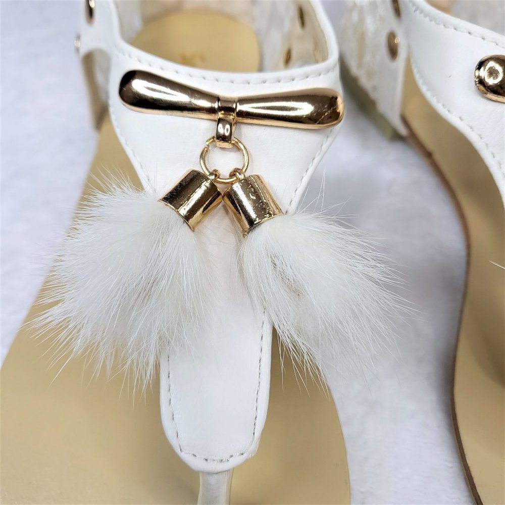 SilverDew White Summer Sandals Faux Fur Pom Poms - Picture 3 of 9